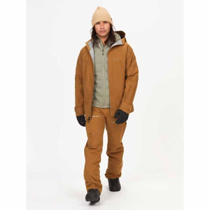 Person wearing a Marmot brown hooded ski jacket and matching pants with a beige beanie and black gloves