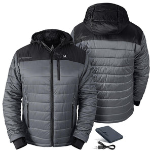 ActionHeat hooded puffer jacket in grey and black with included power bank and charging cable
