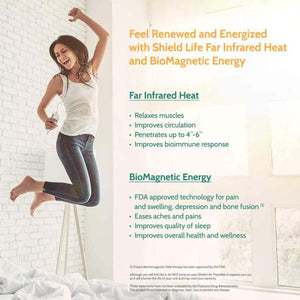 Shield Life infographic detailing benefits of far infrared heat and biomagnetic energy