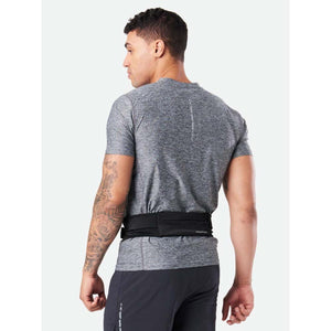 Man wearing a black Nathan running belt over a grey t-shirt