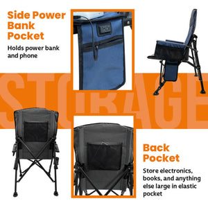 ExtremeMIST folding chair showing side power bank pocket and rear elastic storage pocket