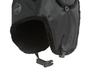 Ergodyne black winter trapper hat with faux fur lining and chin strap