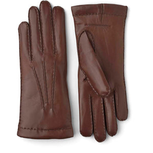 Hestra brown leather gloves showing front and back views