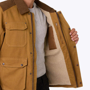 Mobile Warming tan canvas jacket with sherpa lining and brown corduroy collar