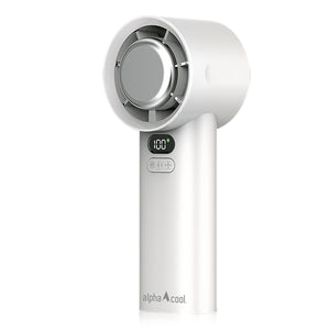 AlphaCool white handheld portable fan with digital display and control buttons