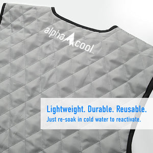 AlphaCool grey quilted cooling vest with text overlay describing it as lightweight durable and reusable