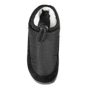 Black slip on slipper with white faux fur lining and adjustable toggle drawstring