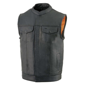Milwaukee Leather black motorcycle vest with mandarin collar and orange lining