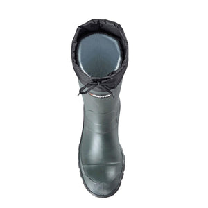Top view of a Baffin green rubber boot with a black drawstring collar