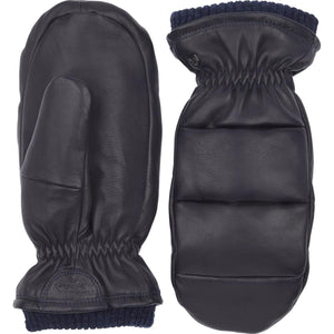 Hestra navy blue leather mittens with ribbed cuffs