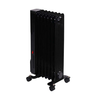 Black oil filled radiator heater with seven fins and four caster wheels