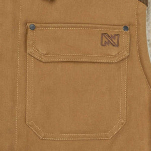 Mobile Warming brown canvas vest chest pocket with logo patch and metal rivets
