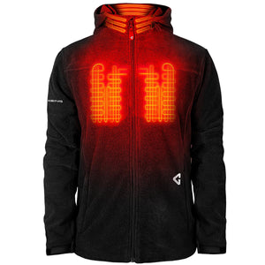Gerbing black hooded jacket with glowing red heating elements on chest and neck