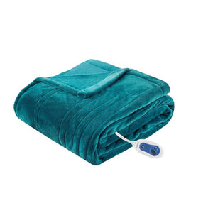 Folded teal electric heated blanket with white power controller