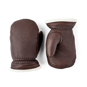 Hestra brown leather mittens with white fleece lining
