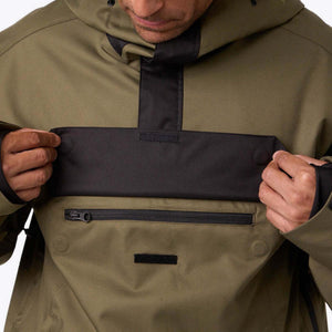 Mobile Warming olive green hooded jacket with black chest pocket flap and zipper