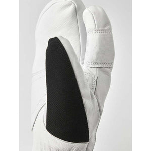 White Hestra leather lobster mitten with black palm patch