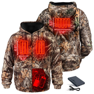 ActionHeat camo hoodie showing internal heating element dimensions and battery pack