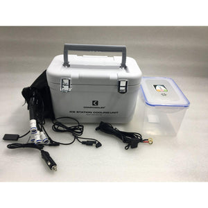 CompCooler white ice station cooling unit with power cables and clear plastic container