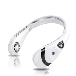 White wearable neck fan with Las Vegas Raiders logo and digital display