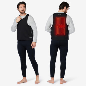 Man wearing a black Venture Heat heated vest showing front and back views with glowing red heating elements