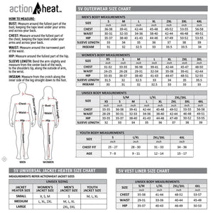 ActionHeat 5V outerwear size chart with body measurement tables for men women unisex and youth