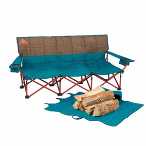 Kelty teal and brown folding camping loveseat with a matching gear mat and firewood
