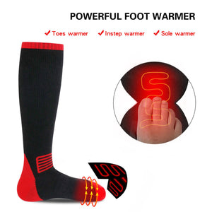 Black and red heated sock showing toe instep and sole warming zones