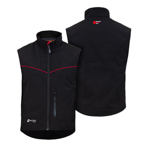 Front and back view of a black Venture Heat softshell vest with red piping