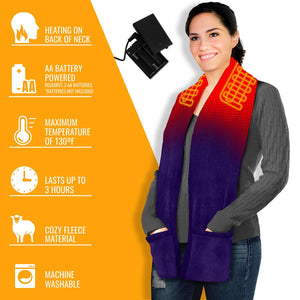 ActionHeat fleece scarf with battery pack and heating features listed