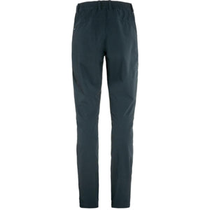 Back view of dark blue FjallRaven trousers with elastic waistband