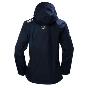 Back view of a navy Helly Hansen hooded rain jacket with HH logo on the shoulder