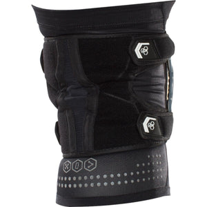 Black protective knee brace with adjustable straps and hexagonal branding