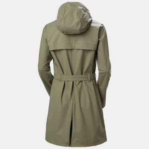 Back view of olive green Helly Hansen hooded raincoat with belted waist