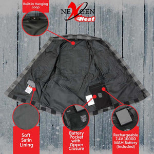 Interior view of NexGen Heat jacket showing hanging loop, satin lining, zippered battery pocket, and 7.4V battery