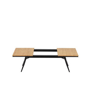 Snow Peak bamboo folding table with black metal frame and open center section
