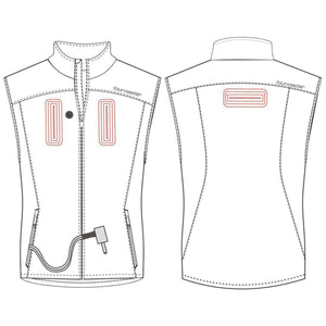 Tourmaster heated vest technical line drawing showing front and back views with heating element placement