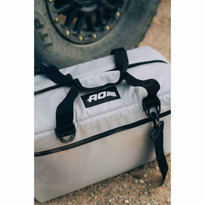 AO Coolers grey soft cooler bag with black handles and logo patch