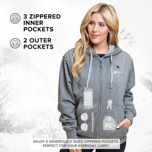 Venture Heat grey zip up hoodie showing three inner and two outer zippered pockets with icons for personal items