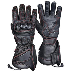 Gerbing black leather heated motorcycle gloves with red stitching and carbon fiber knuckle protection