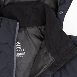 Interior collar and brand label of a black Mobile Warming jacket