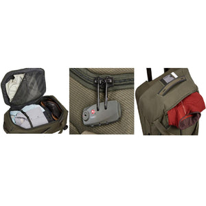 Thule luggage showing interior packing compartments, TSA lock, and exterior pocket with red garment