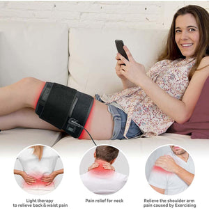 UTK Technology red light therapy wrap applied to knee with additional diagrams for back neck and shoulder pain relief