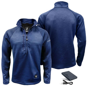 ActionHeat blue quarter zip heated fleece pullover with battery pack and charging cable