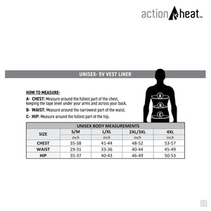 ActionHeat unisex 5V vest liner size chart with measurement instructions for chest waist and hip