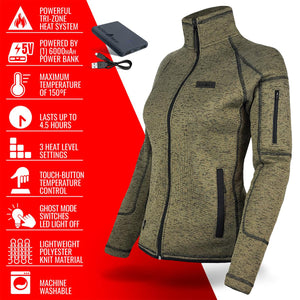 ActionHeat women olive green heated knit jacket with power bank and feature list
