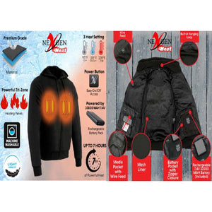 Nexgen Heat black heated hoodie features and components diagram