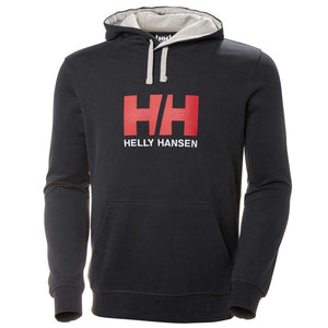 Helly Hansen black hooded sweatshirt with red HH logo and white text on chest