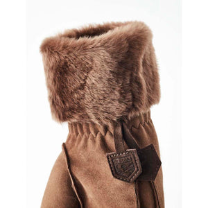 Brown suede Hestra glove with faux fur cuff
