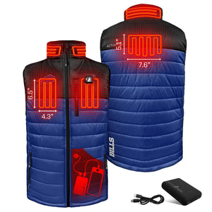 ActionHeat heated vest showing heating element placement and dimensions with power bank and charging cable